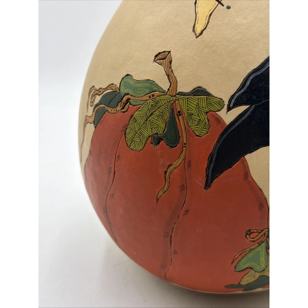 Primitive Hand Painted OOAK By Folk Artist Fall Gourd Crow Pumpkins